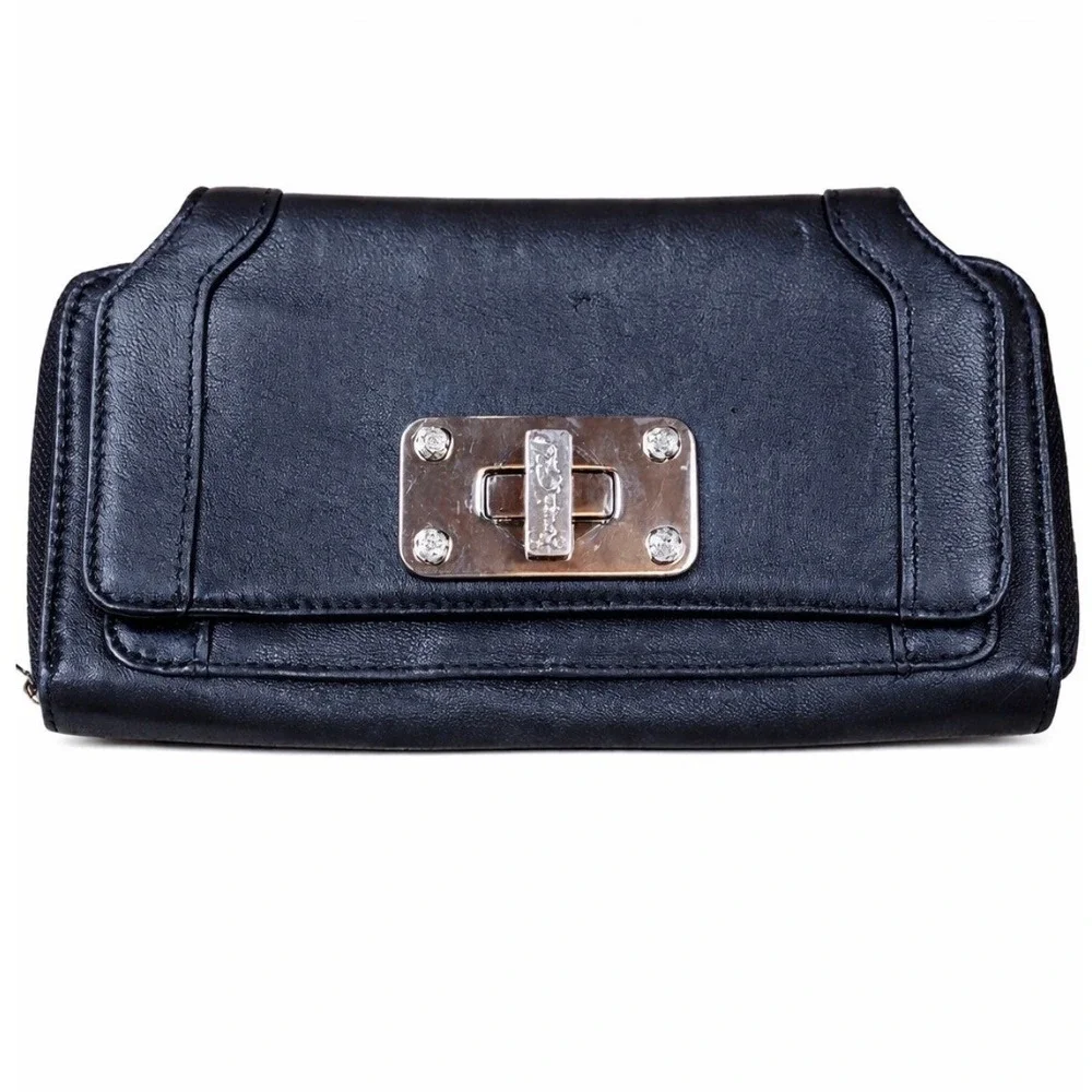 Rough‎ Roses Black Leather Wallet Clutch Turn Lock Zip Around Rose Print Lining
